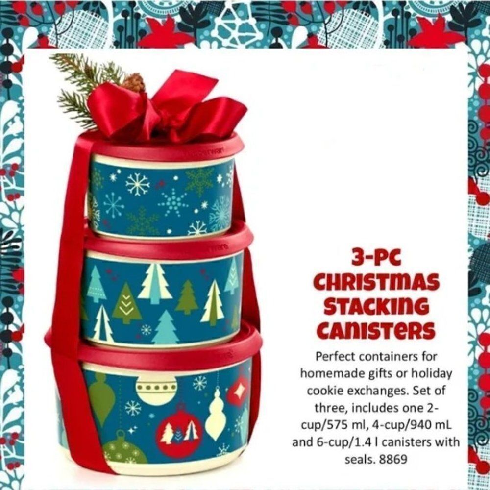 NWT Tupperware Christmas 3-Pc Stacking Canisters